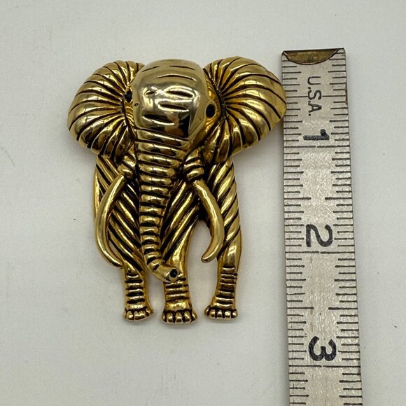 Vintage Gold-Tone Elephant Brooch Pin Black Glass Eyes Detailed Design - Picture 5 of 11